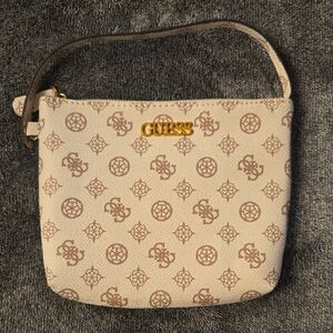 GUESS Cream and Brown Patterned Wristlet